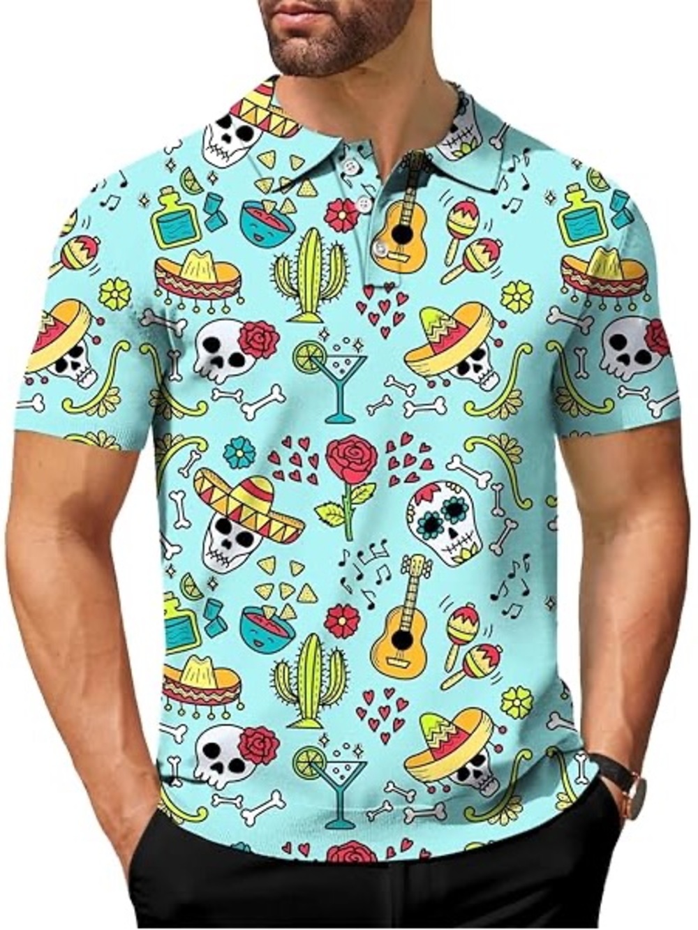 NEW Men's Large Light Blue Mexican Skull Print Polo Golf Shirt